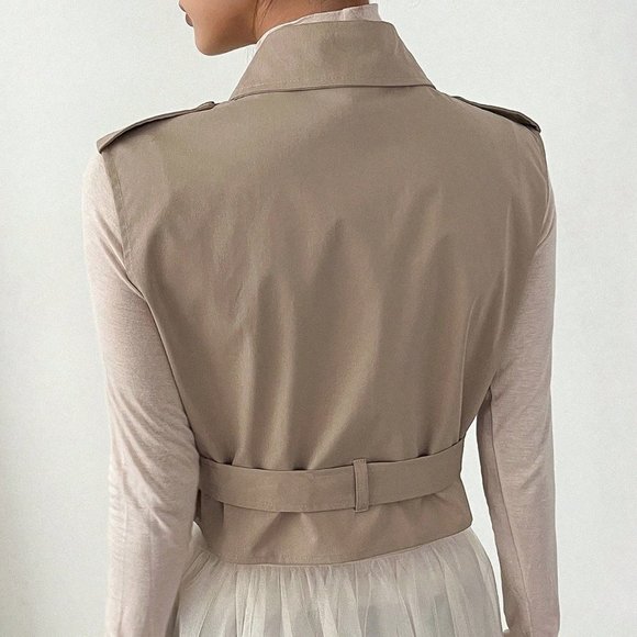 Khaki Casual Womens Lapel Neck Belted Vest Jacket - Picture 2 of 6